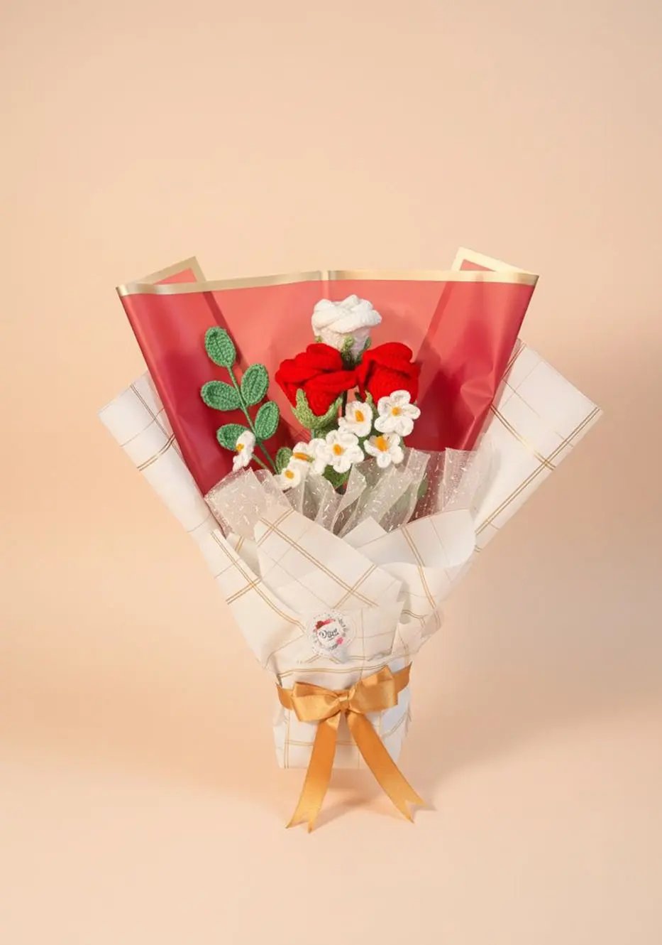 Handmade Crochet Roselet Bouquet – Red & White Roses Phoolwala Store